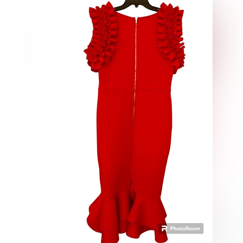 Touch Me Dramatic Ruffled Shoulder Dress -Red - M - Picture 3 of 4